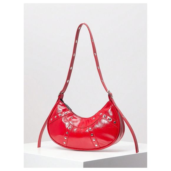 Punk Studded Pu Leather Shoulder Handbags Top Handle Underarm Bag Red :'D - Picture 2 of 6